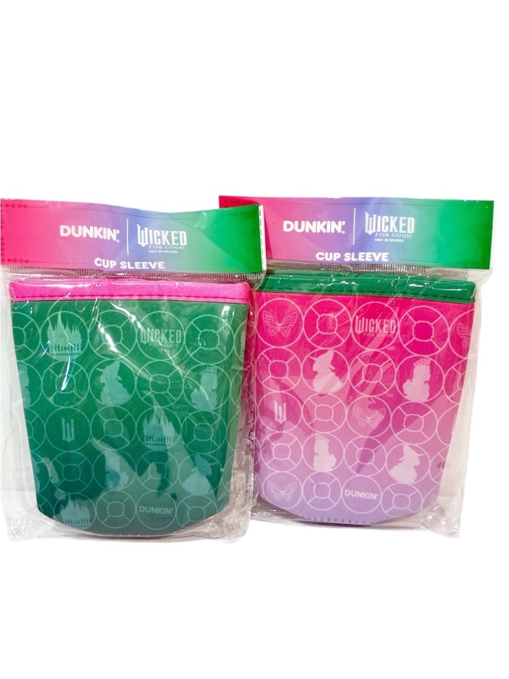 Dunkin x Wicked (2) Cup Sleeves - Pink and Green Reusable Insulated Cozy
